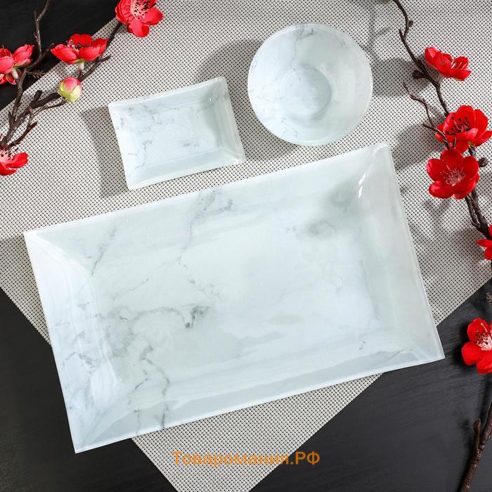Набор для суши из стекла «Марбл белый», 3 предмета: соусники 8×2 см, 8×6 см, подставка 25×15×2 см