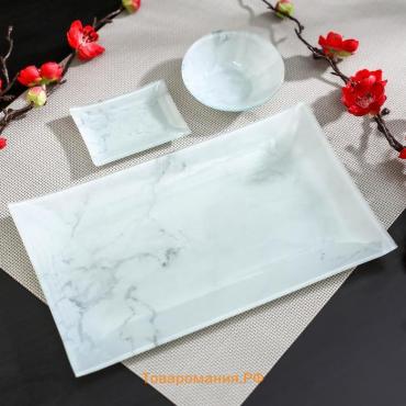 Набор для суши из стекла «Марбл белый», 3 предмета: соусники 8×2 см, 8×6 см, подставка 25×15×2 см